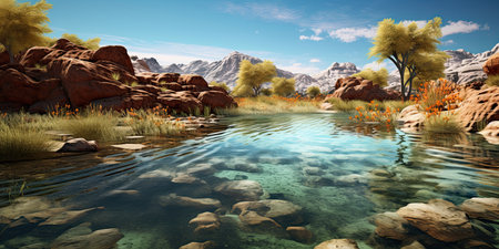 Fantasy landscape with lake and mountains. 3d render illustration.の素材