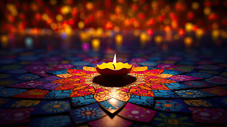 3d render of diwali diya with colorful rangoliの素材