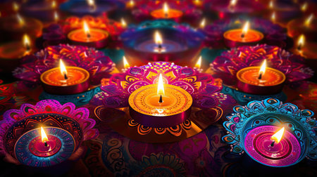 Indian festival Diwali, Diya oil lamps lit on colorful rangoli. Hindu traditional.の素材