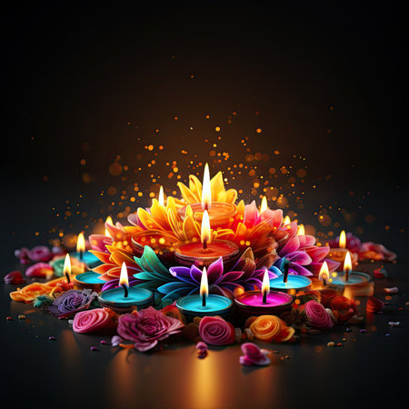 Happy Diwali festival of lights background with diya lamps and flowersの素材