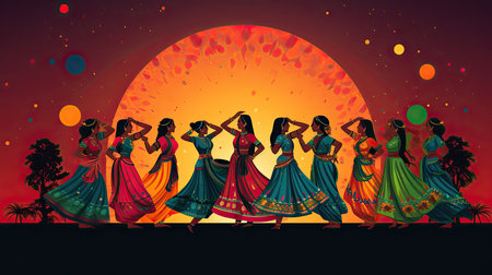 illustration of Indian dance at sunset background with space for your textの素材