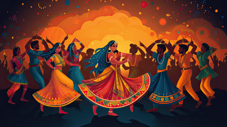 Indian people dancing in traditional indian dress on colorful background. Vector illustrationの素材