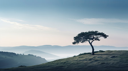 Lonely pine tree on the hillside with mist in the backgroundの素材
