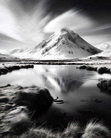 Black and white image of the Kirkjufell mountain range in Icelandの素材