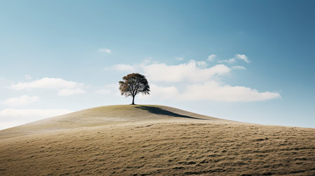 Lonely tree on a hillside, with blue sky backgroundの素材