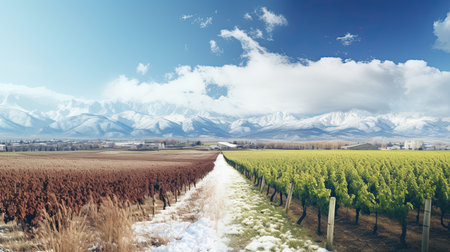 Winter landscape with snow covered vineyard in Hokkaido, Japanの素材