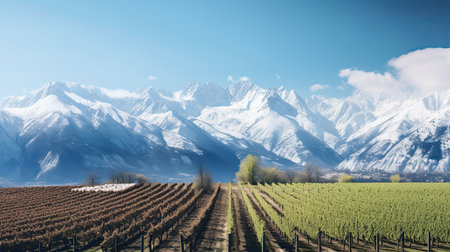 Vineyard in spring with snow-capped mountains in backgroundの素材