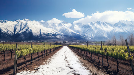Vineyard in the springtime with snow covered mountains in the backgroundの素材