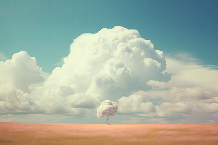 Lonely tree in the field against blue sky with white cloudsの素材