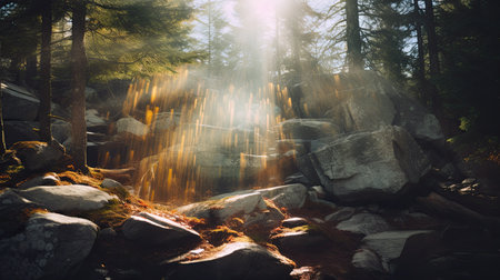 Foggy forest in the mountains at sunset with sunbeamsの素材