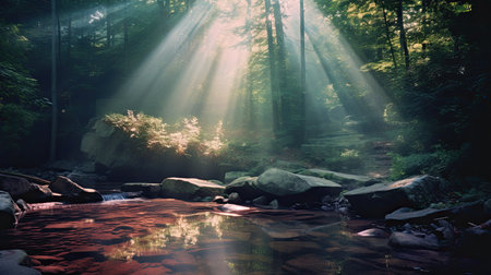Morning sun rays shining through the mist in the forest. Natural backgroundの素材