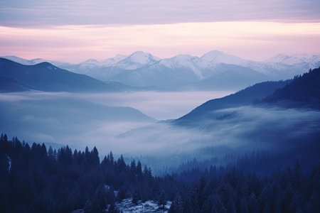 Beautiful winter landscape with fog in the mountains. Retro style.の素材