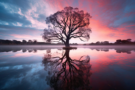 Sunset over a tree reflected in a lake with a pink skyの素材