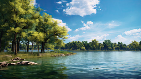 Beautiful lake with trees and blue sky on background. Nature composition.の素材