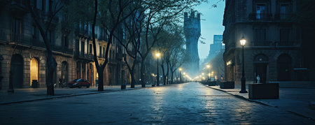Paris street at night. Panoramic view of Paris street in the evening.の素材