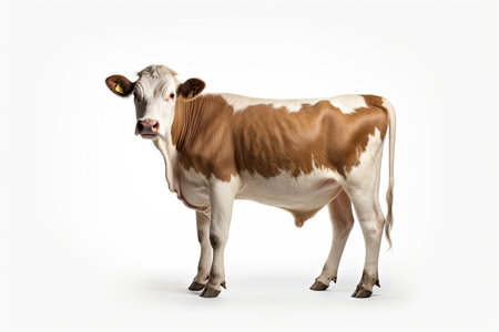 Brown and white cow standing isolated on a white background, side viewの素材