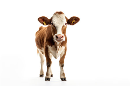 Cute brown and white cow isolated on white background. Studio shot.の素材