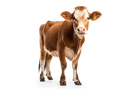 Cute brown cow standing isolated on white background. Studio shot.の素材