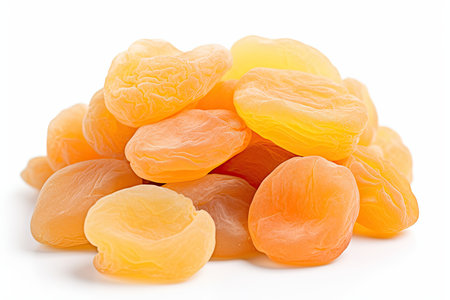 Heap of dried apricots isolated on white background cutoutの素材
