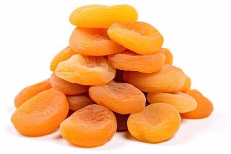Pile of dried apricots isolated on white background cutoutの素材
