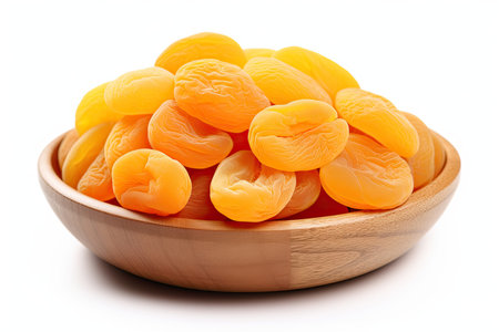 Dried apricots in wooden bowl isolated on white background.の素材