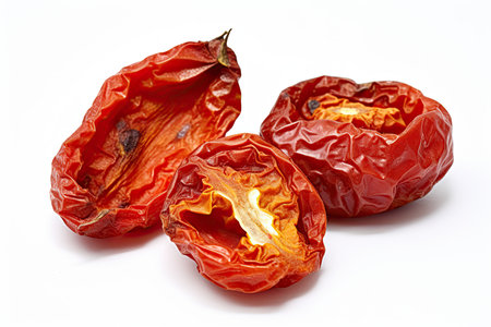 Dried tomatoes on a white background. Close-up shot.の素材