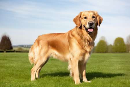 Golden Retriever dog standing in the green grass in the parkの素材