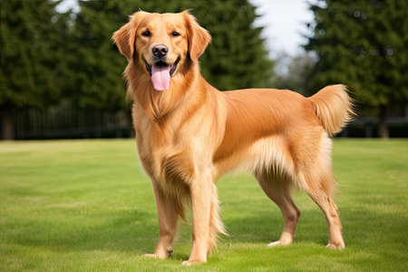 Golden Retriever standing on the green grass in the park.の素材