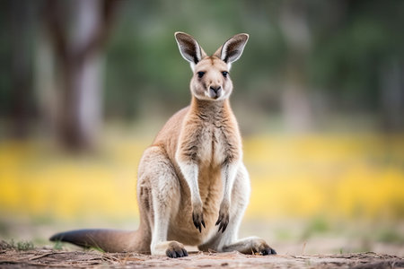 Kangaroo sitting on the ground in the Australian bushland.の素材