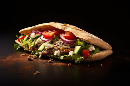 Doner kebab on a dark background. Shawarma sandwichの素材
