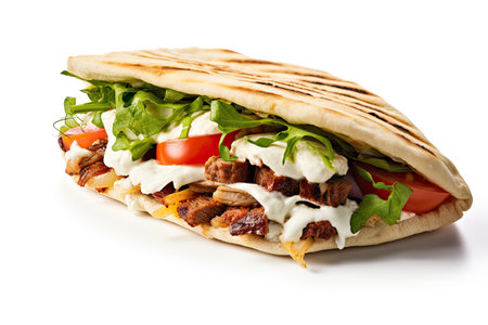 Doner kebab sandwich with meat, vegetables and sauce isolated on white backgroundの素材