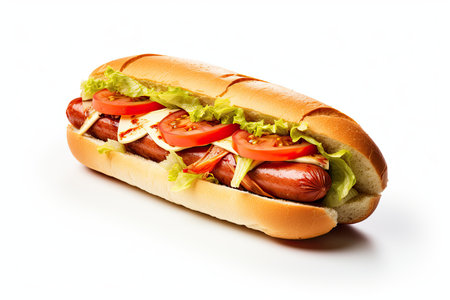 Hot dog with sausage, tomato and lettuce isolated on white background.の素材