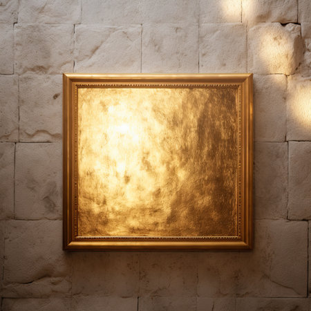 golden frame on a white brick wall in the light of the sunの素材