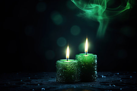 Burning candles with green smoke on black background. Shallow depth of fieldの素材