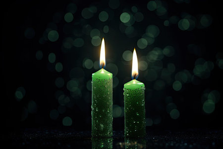 Two green candles on black background with bokeh effect, close upの素材