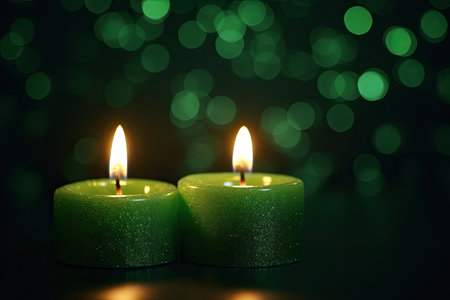 Two green candles with bokeh lights on dark background, closeupの素材