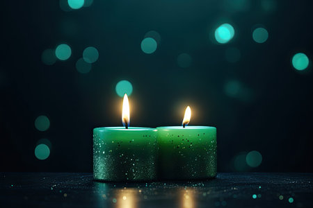 Two green candles with water drops on black background, shallow depth of fieldの素材