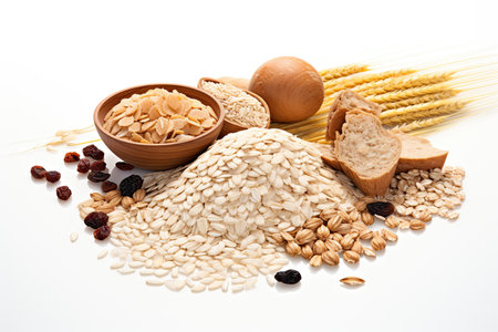 Wheat, raisins and oatmeal on a white backgroundの素材
