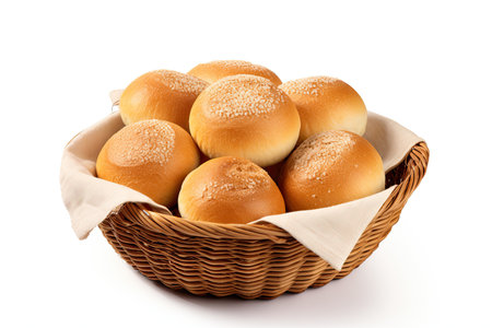 Bread rolls in a basket on a white background. Isolatedの素材