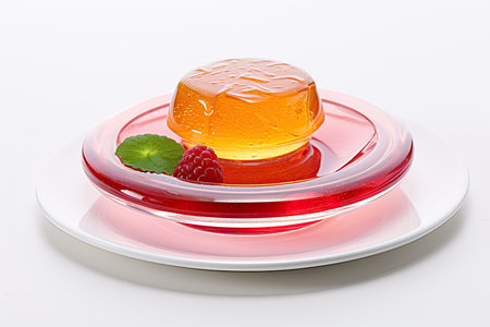 fruit jelly with raspberries and mint on a white background.の素材