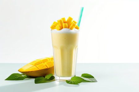 Mango smoothie with fresh mango and mint leaves on white backgroundの素材