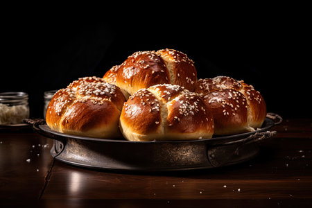 Freshly baked buns with sesame seeds on a black backgroundの素材