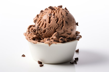 Scoops of chocolate ice cream in a bowl on white backgroundの素材