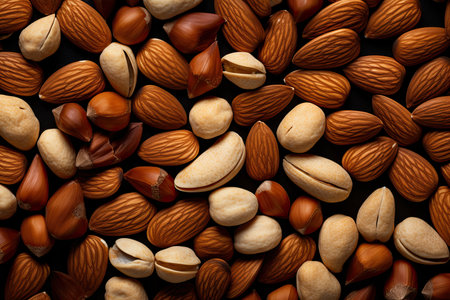 Nuts background. Nuts mix on black background. Top view.の素材