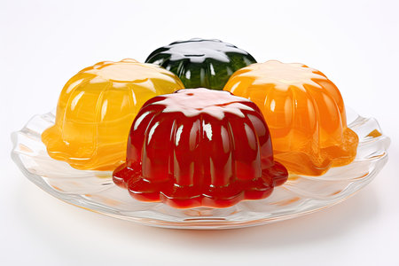 jelly candies on a glass plate isolated on a white backgroundの素材