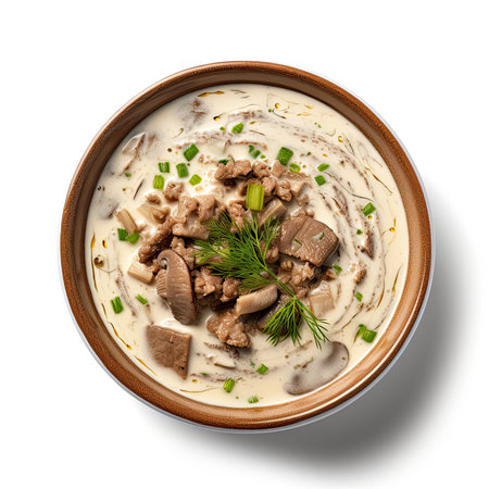 Creamy mushroom soup isolated on white background. Top view.の素材