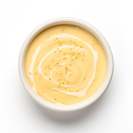 Mustard sauce in a bowl isolated on white background, top viewの素材