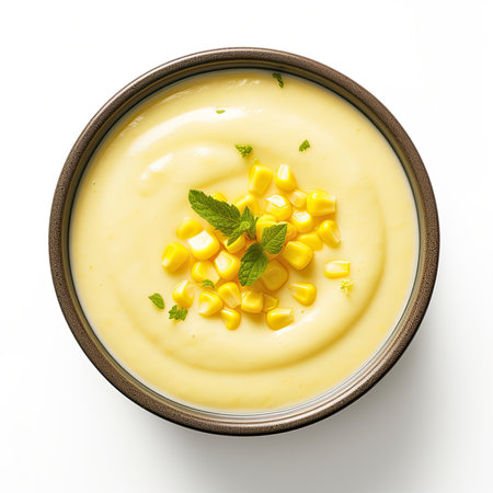 Corn cream soup in bowl isolated on white background. Top view.の素材