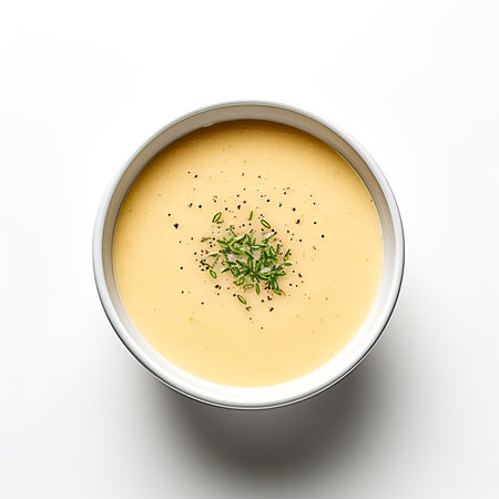 bowl of cream soup with dill and spices isolated on white backgroundの素材