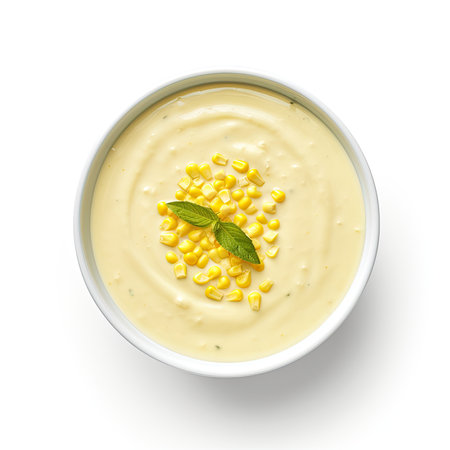 Corn cream soup in bowl isolated on white background. Top view.の素材